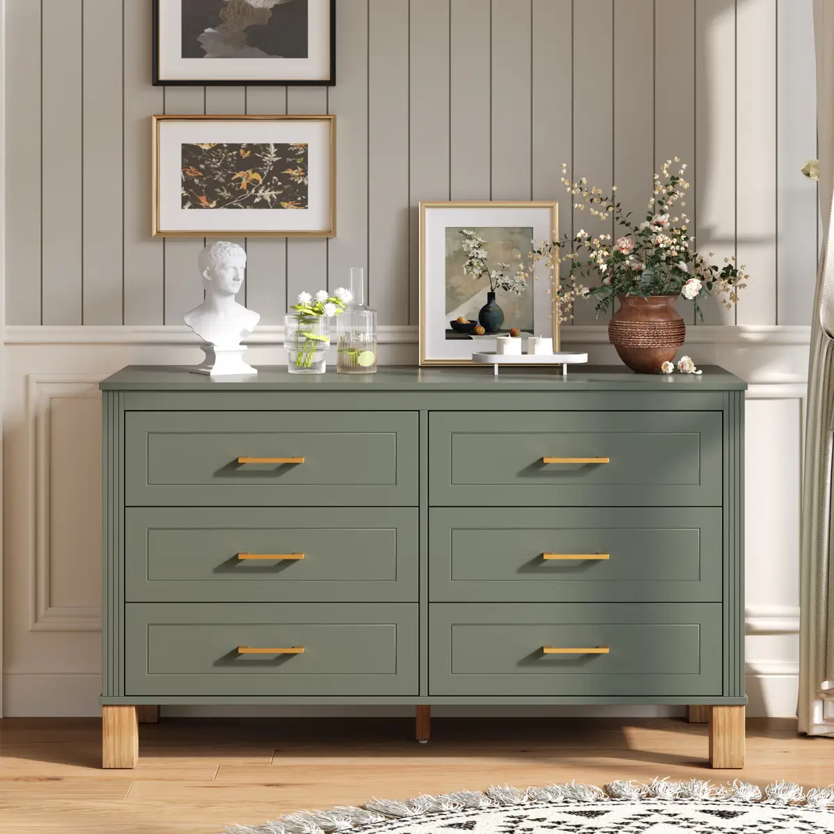 6-Drawer Double Dresser in Olive, Modern Storage Cabinet with Metal Handles