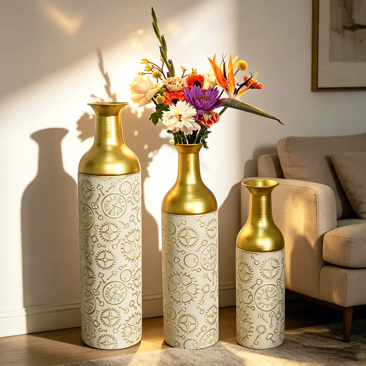 Decorative Metal Vases Set of 3, antique Antique White and gold Leaf Pattern
