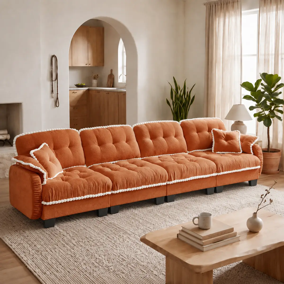 Chenille Cloud 4-Seater Sofa with 4 Pillows, Pom-Pom Trim Quilted Tufted