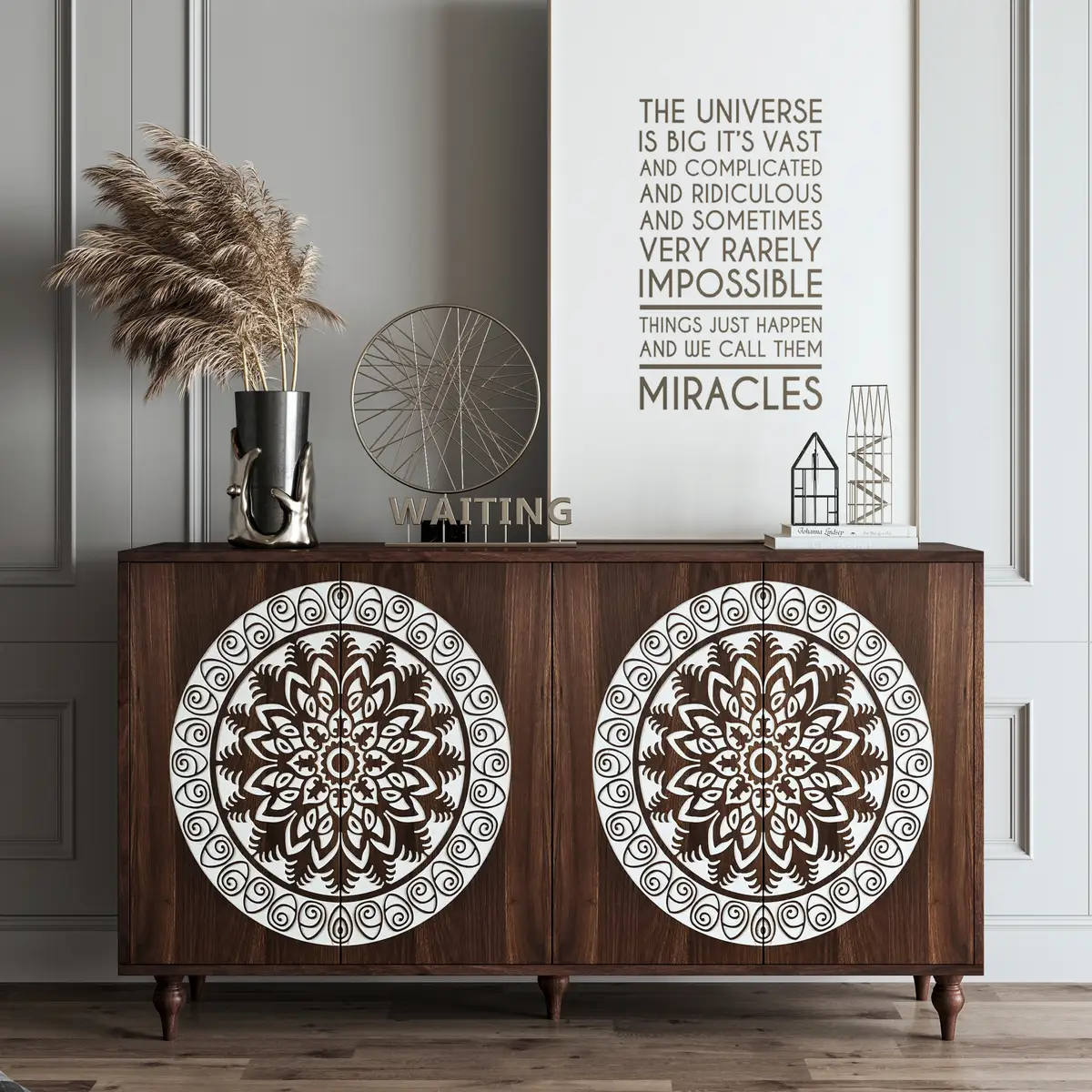 60" Vintage Mandala Carved Walnut Grain Sideboard, 4 Door Boho Buffet Cabinet