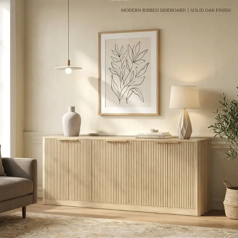 Natural Wood Sideboard Cabinet Farmhouse Buffet Cabinet with Slatted Doors