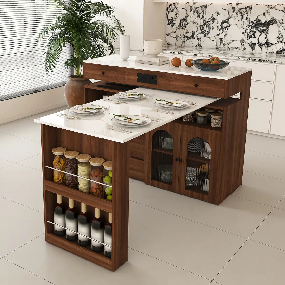 Kitchen Island with Extendable & Rotating Table, MDF with Walnut Veneer Retro