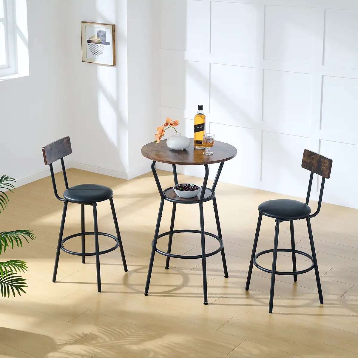 Round bar table and stool set with shelf, upholstered stool with backrest