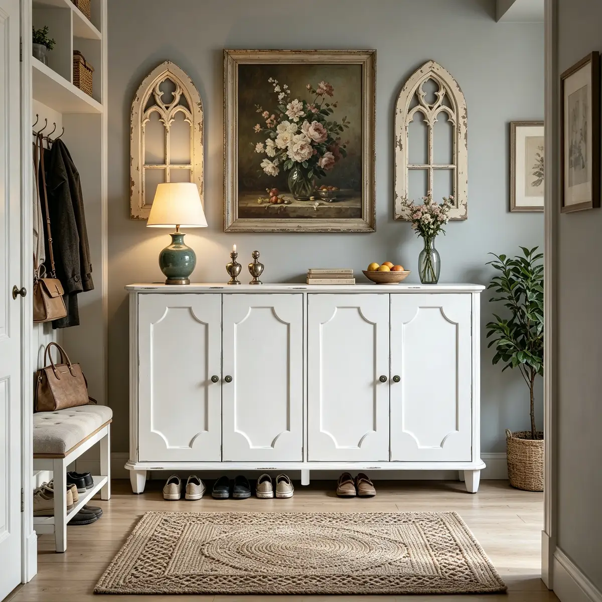 Vintage Distressed White Farmhouse Sideboard Buffet Cabinet, 4 Decorative