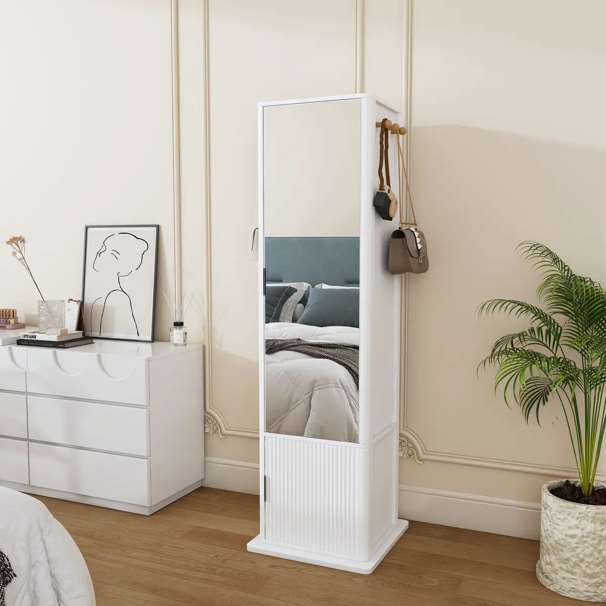360° rotating makeup cabinet, jewelry cabinet with a full-length mirror
