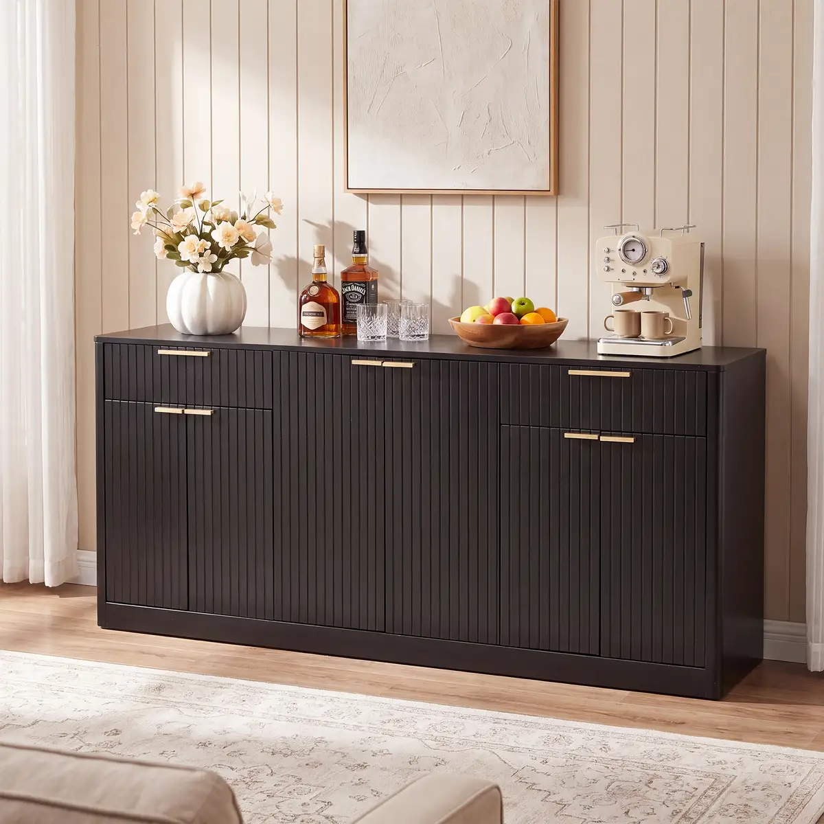 67" Large Fluted Buffet Sideboard, Modern Wine Bar Storage Cabinet with 6 Doors