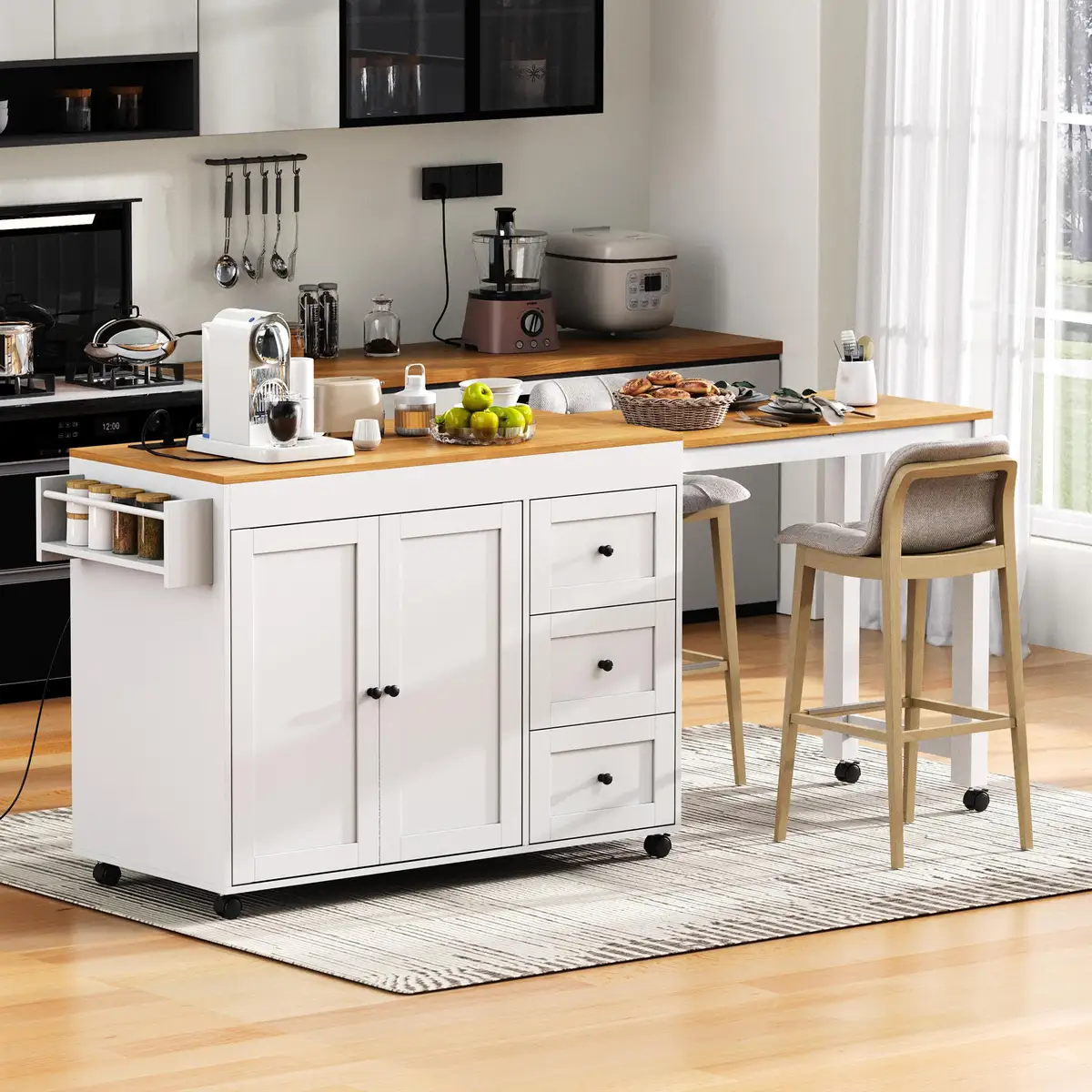74.8" Kitchen Island with Extendable Dining Table, Kitchen Storage Cart with 3