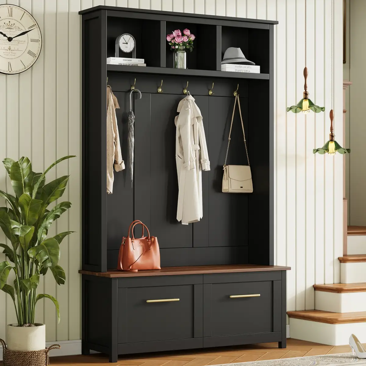 ON-TREND Versatile 4-in-1 Hall Tree with 6 Golden Hooks, Wood Grain Bench