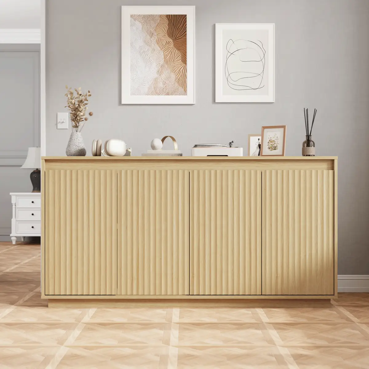 4 Door Sideboard Buffet Cabinet with Power Outlet, Wavy Texture Accent Cabinet