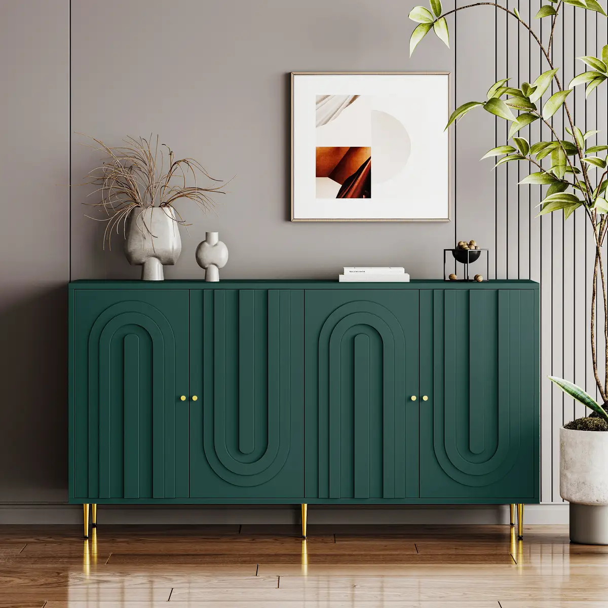 Modern Green Lacquered 4 Door Wooden Cabinet Sideboard