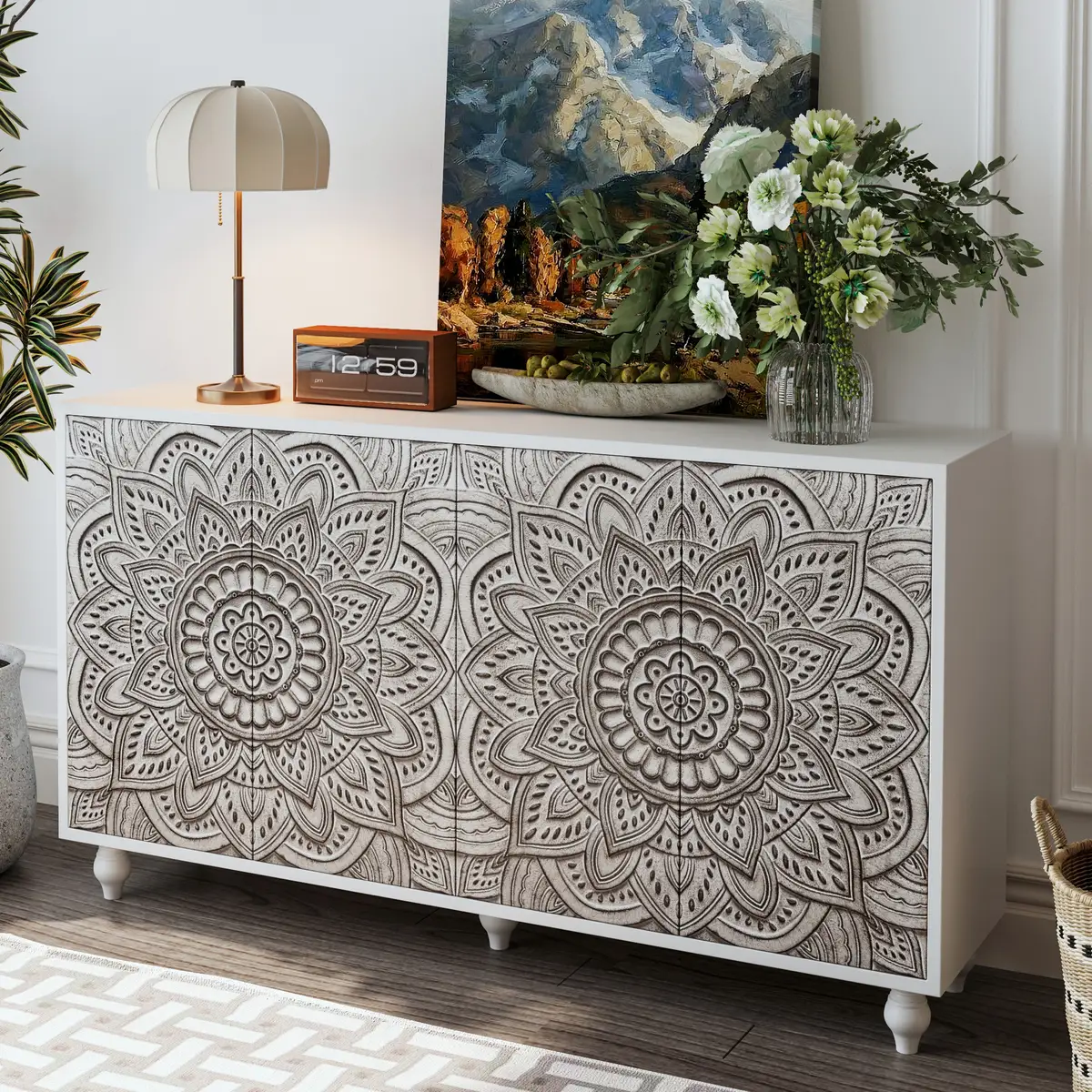 60" Boho Mandala 3D Embossed Sideboard Buffet Cabinet, 4 Door White Farmhouse