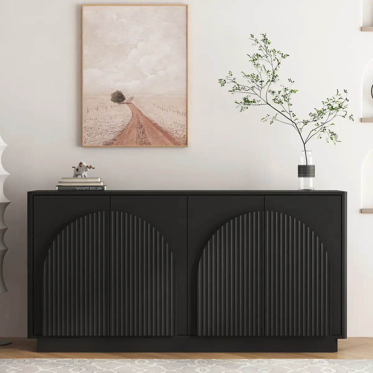 Black Modern Buffet Cabinet with Storage, Fluted Sideboard Large Buffet
