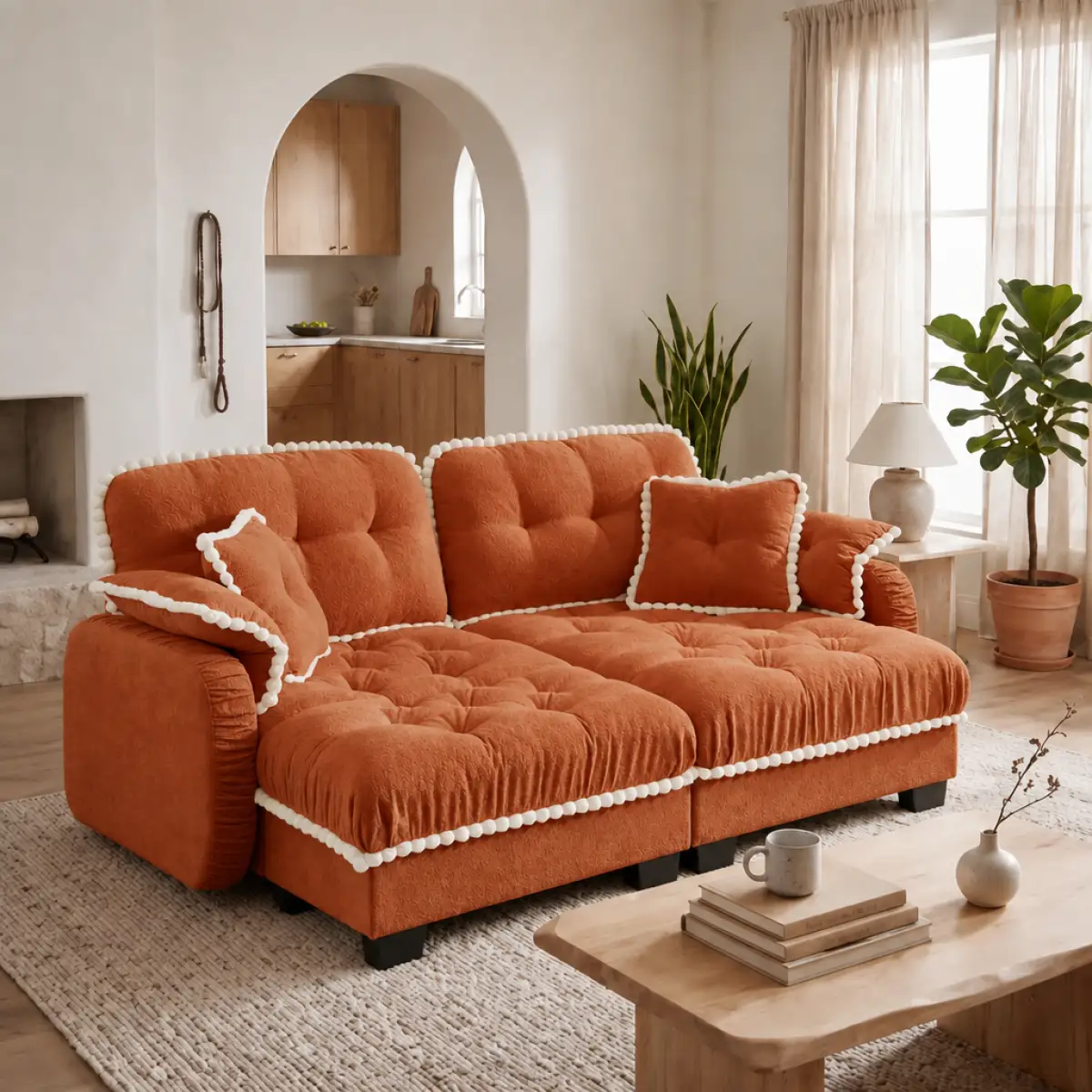Chenille Cloud U-Shaped Loveseat Sofa with 4 Pillows, Movable Ottoman Pom-Pom