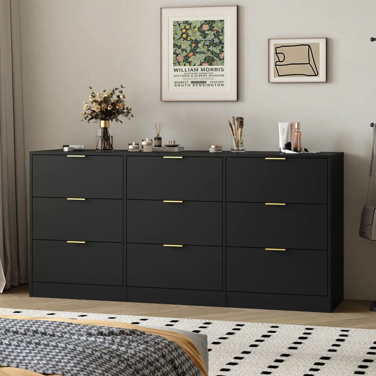 Black 9 Drawer Dresser, 63" Large Deep Chest of Drawers, Wooden Dresser Storage