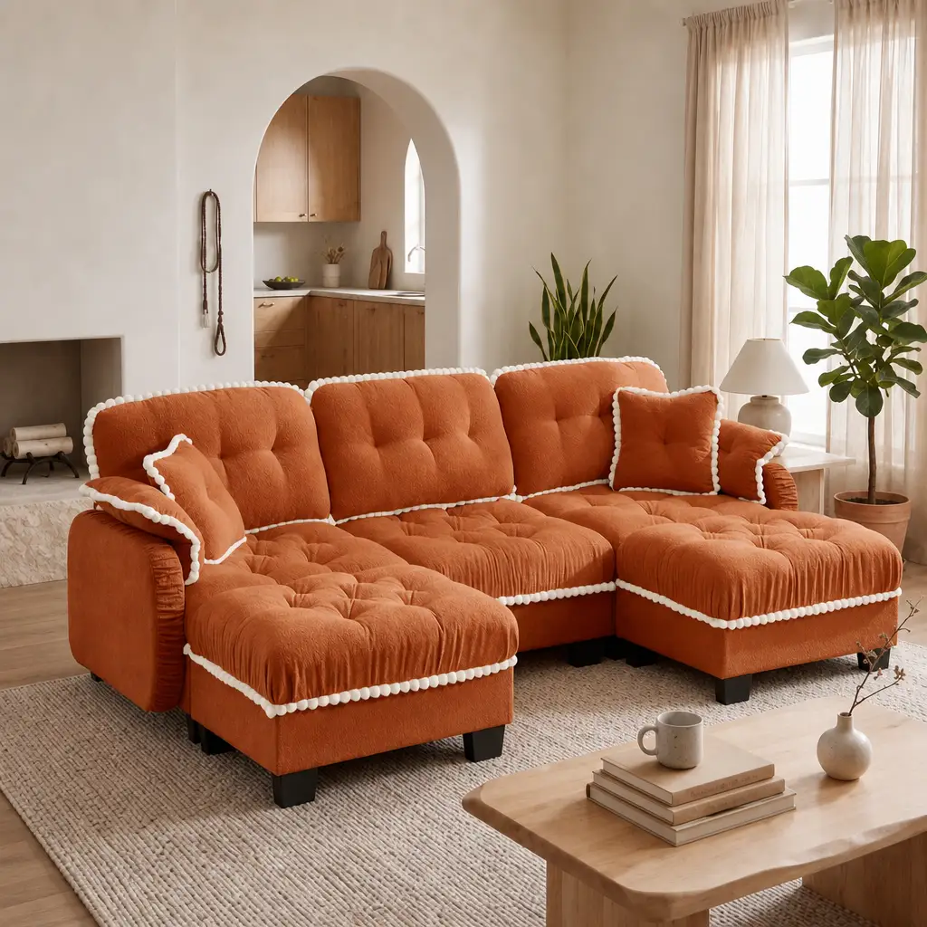 Chenille Cloud U-Shaped Sofa with 4 Pillows, Movable Ottoman Pom-Pom Trim