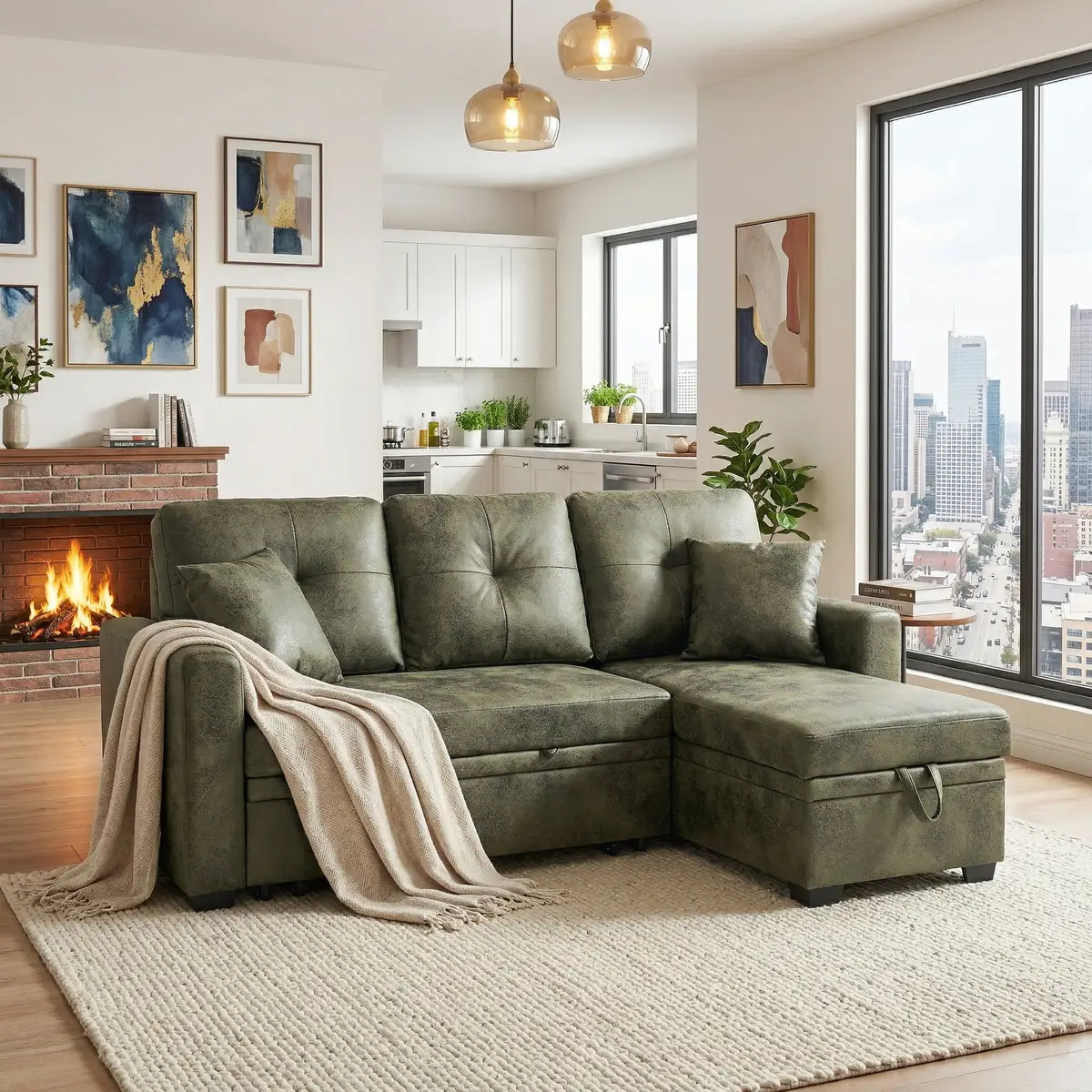 Sleeper Sofa, Sectional with Pull-Out Bed, Reversible Chaise, Storage