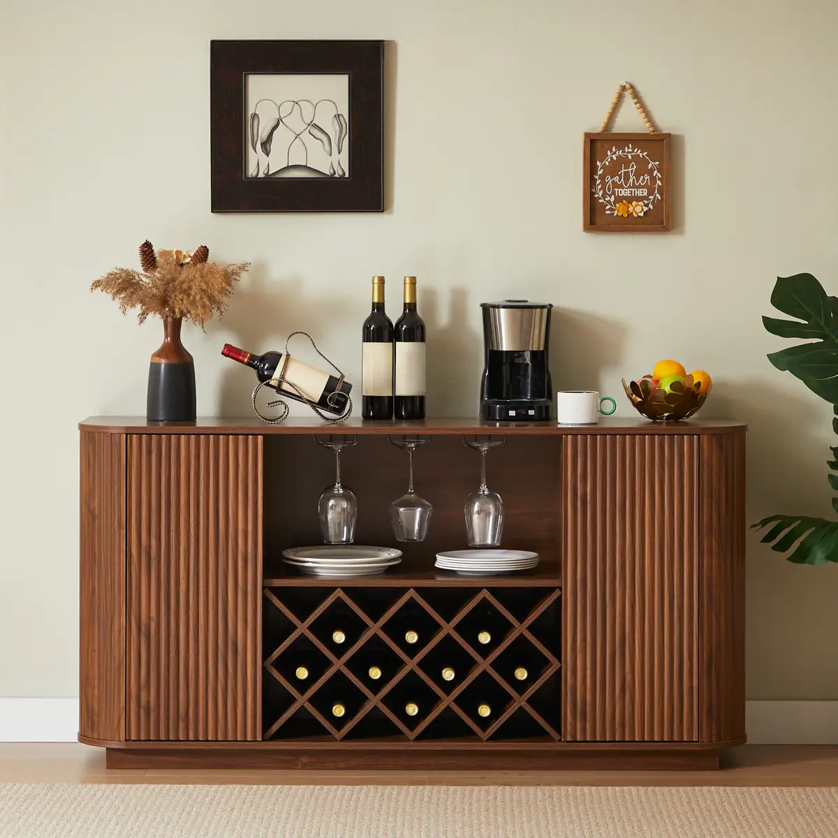 58" Modern Wavy Curve Sideboard-Multifunctional storage cabinet with wine rack