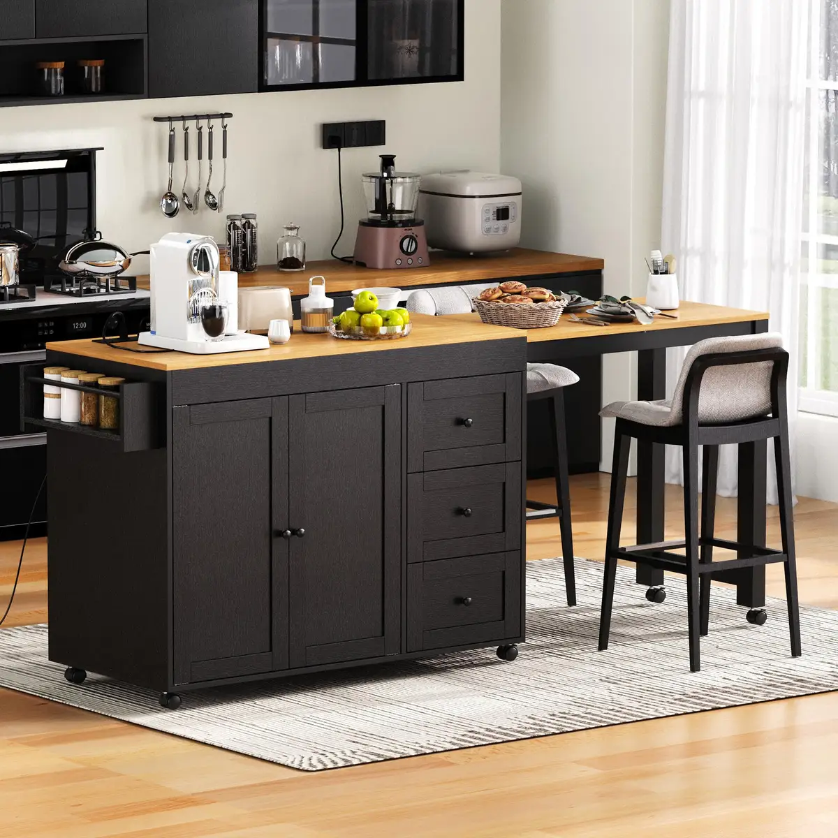 74.8" Kitchen Island with Extendable Dining Table, Kitchen Storage Cart with 3