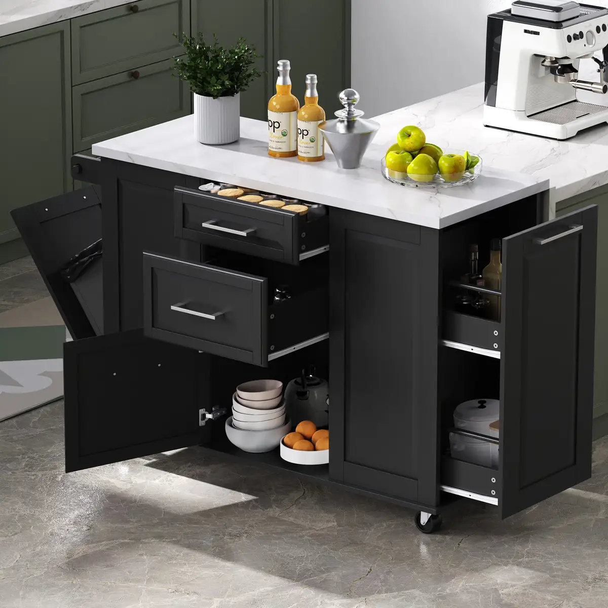 50.7" Kitchen Island with Storage Tilt Trash Can Cabinet and Pull Out Cabinet