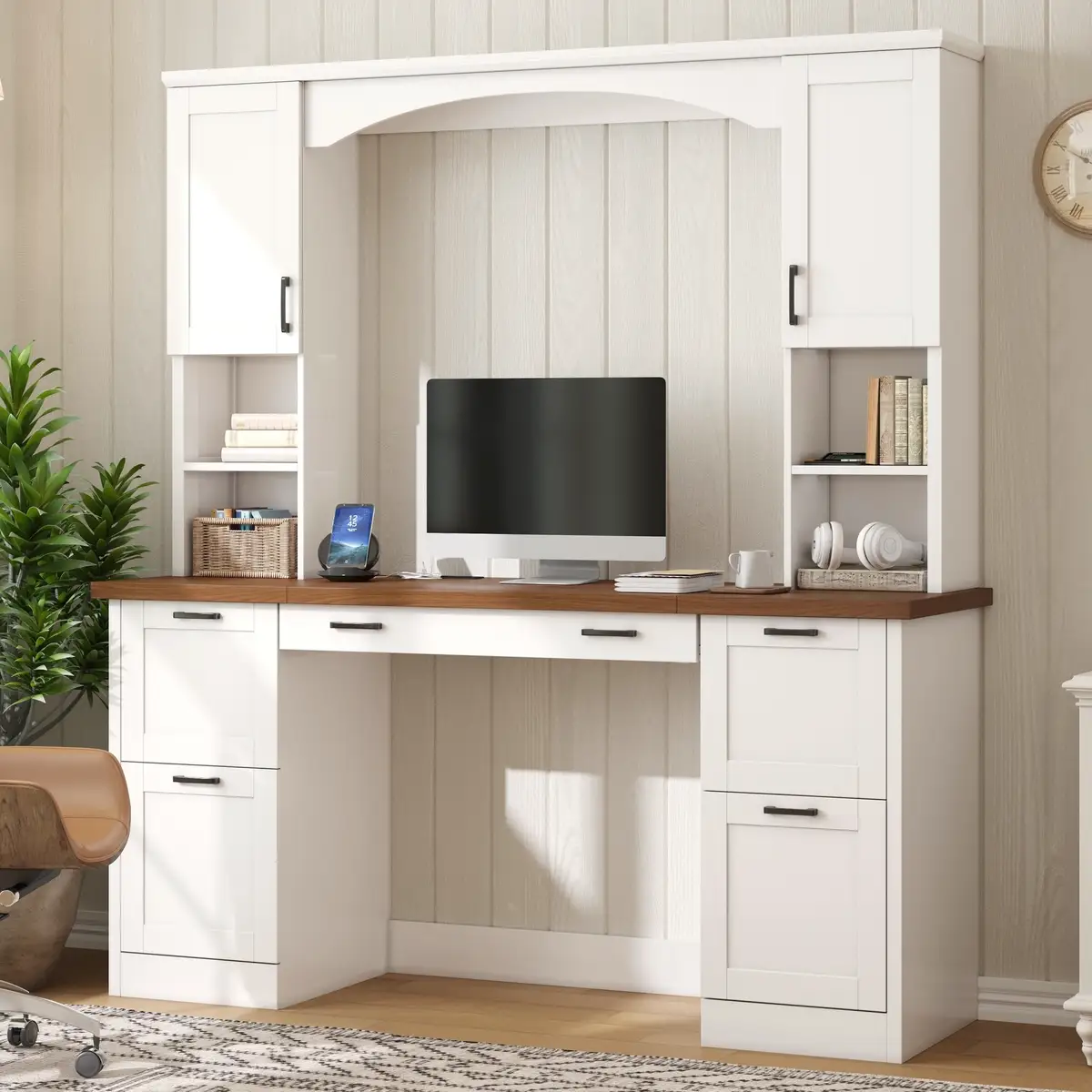 ON-TREND Farmhouse Arched Computer Desk with Hutch, Mid-Century Walnut Home