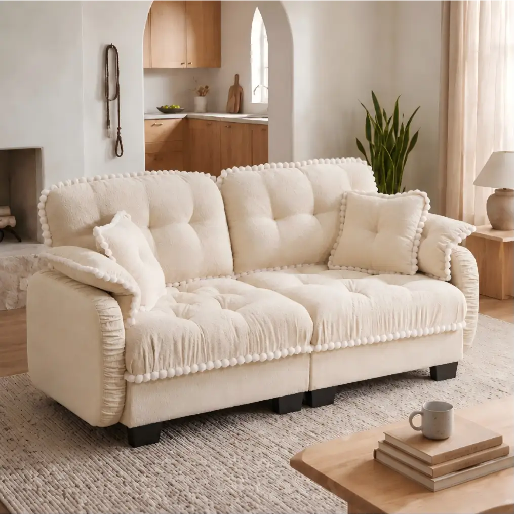 Chenille Cloud Loveseat Sofa with 4 Pillows, Pom-Pom Trim Quilted Tufted