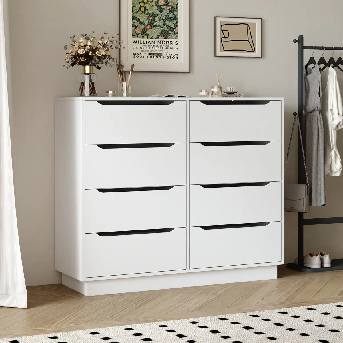White Dresser for Bedroom, Long Dresser with 8 Drawers, 47.2''W Wooden Dressers