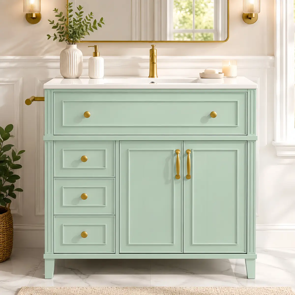 36 Inch Elegant Modern Bathroom Vanity with Sink, Sage Green Freestanding