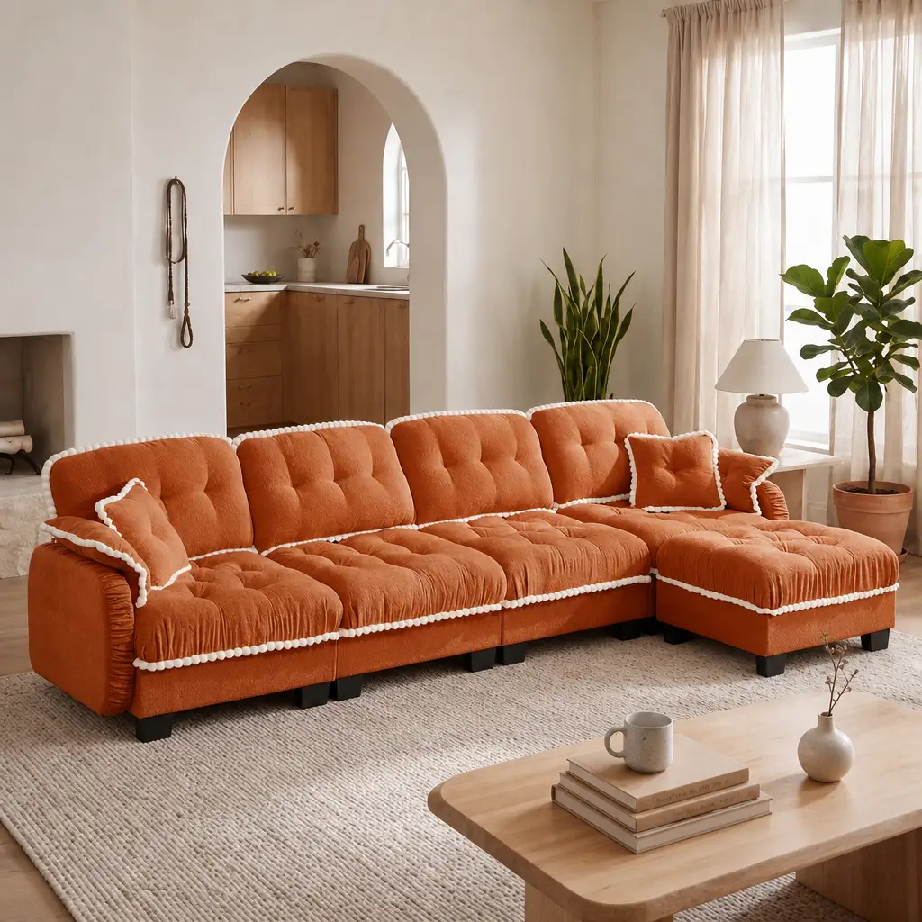 Chenille Cloud L-Shaped Sofa with 4 Pillows, Movable Ottoman Pom-Pom Trim