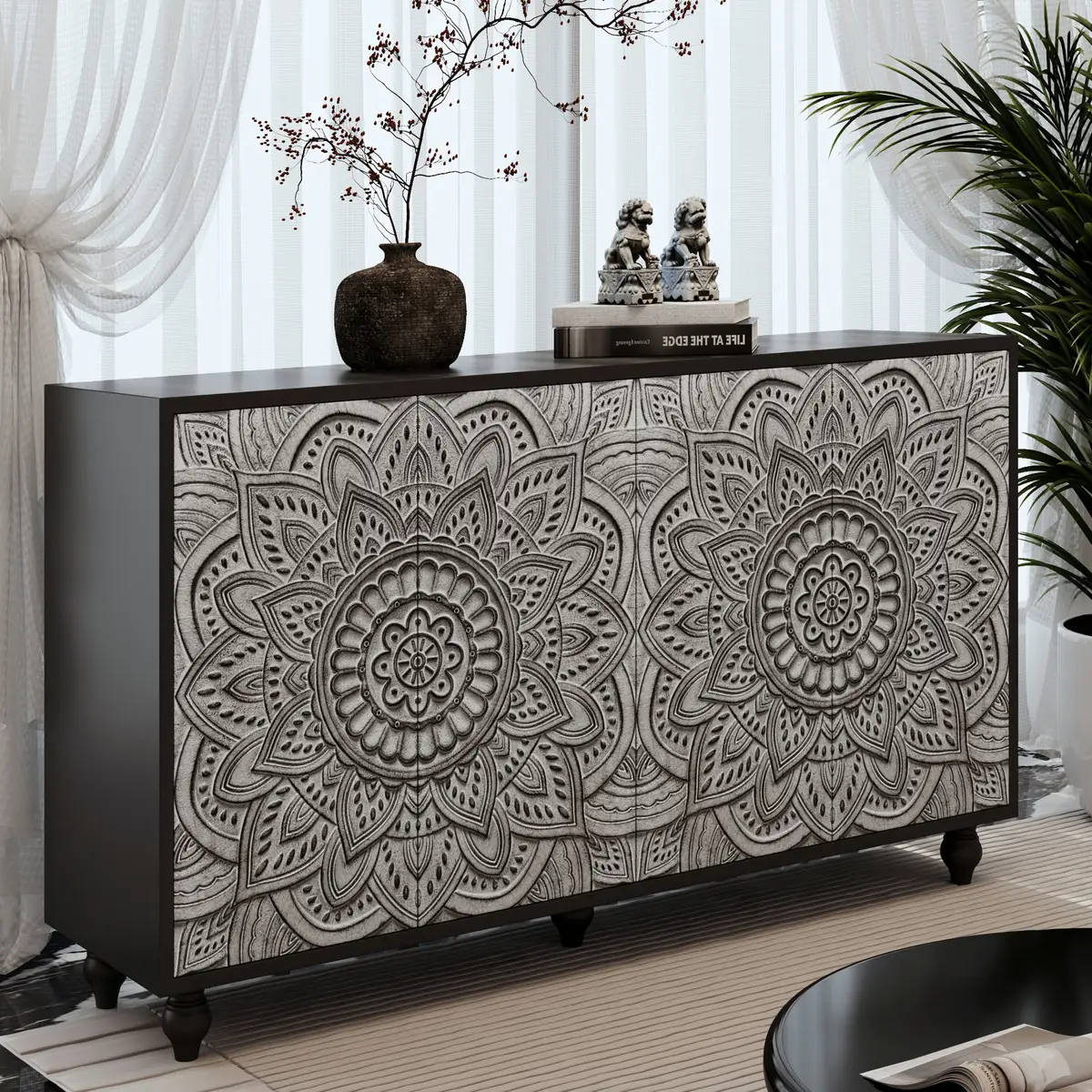 60" Boho Mandala 3D Embossed Sideboard Buffet Cabinet, 4 Door Black Farmhouse
