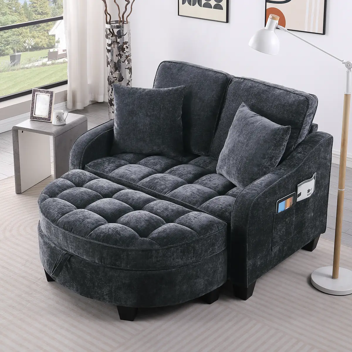 Two-seater sofa, double sofa chaise longue, with irregular armrests