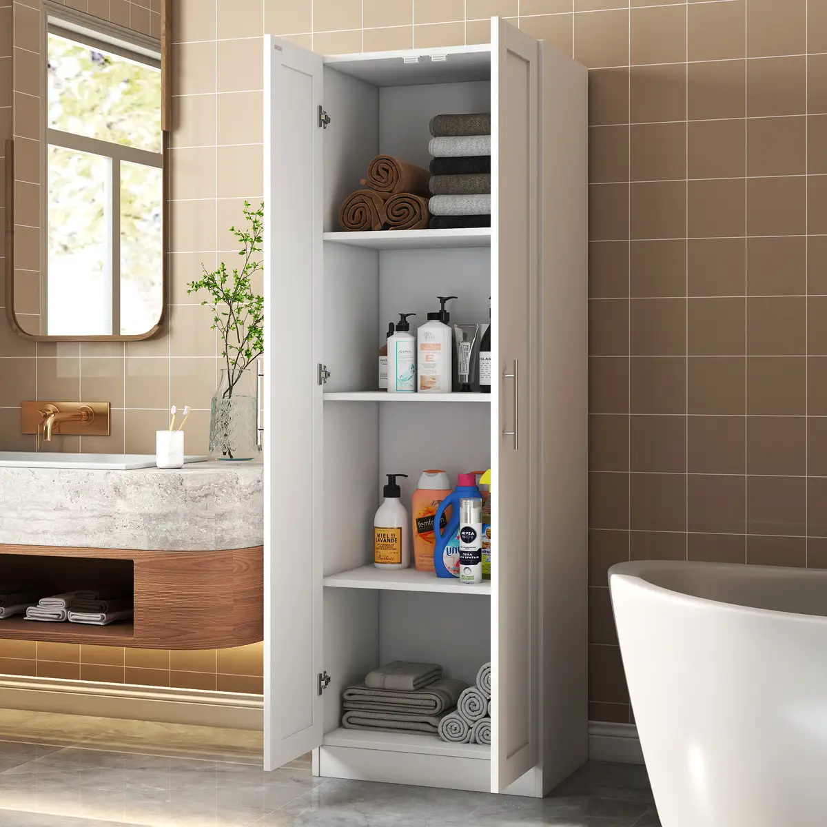 High wardrobe and kitchen cabinet with 2 doors and 3 partitions to separate 4