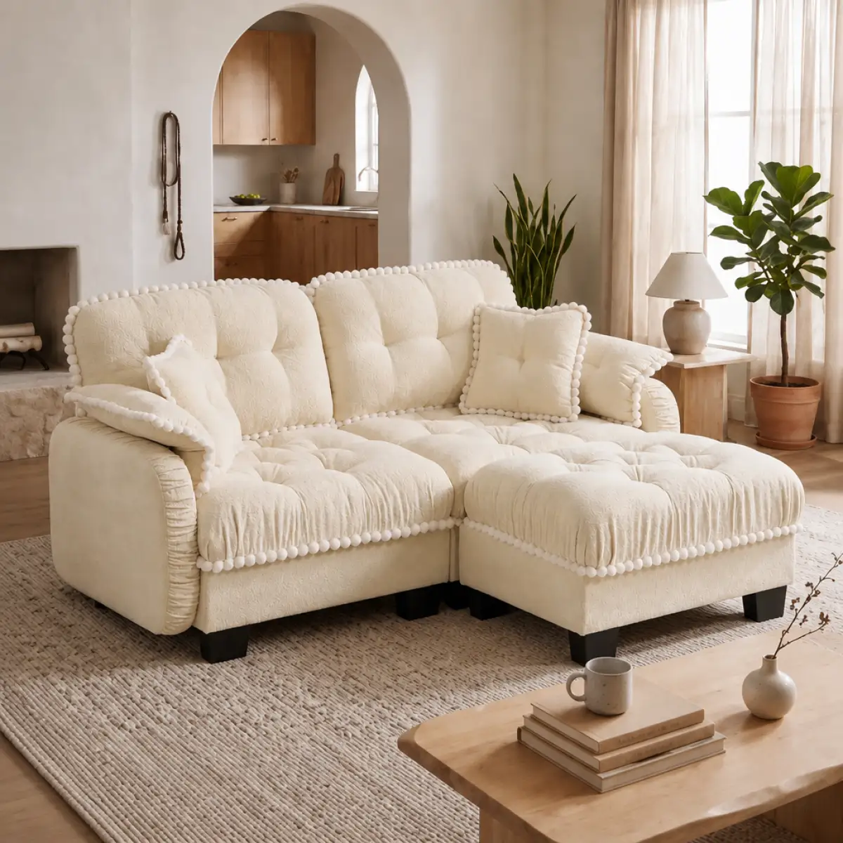Chenille Cloud L-Shaped Loveseat Sofa with 4 Pillows, Movable Ottoman Pom-Pom