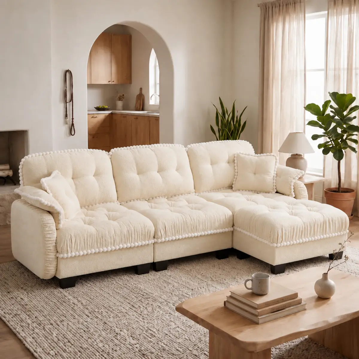 Chenille Cloud L-Shaped Sofa with 4 Pillows, Movable Ottoman Pom-Pom Trim