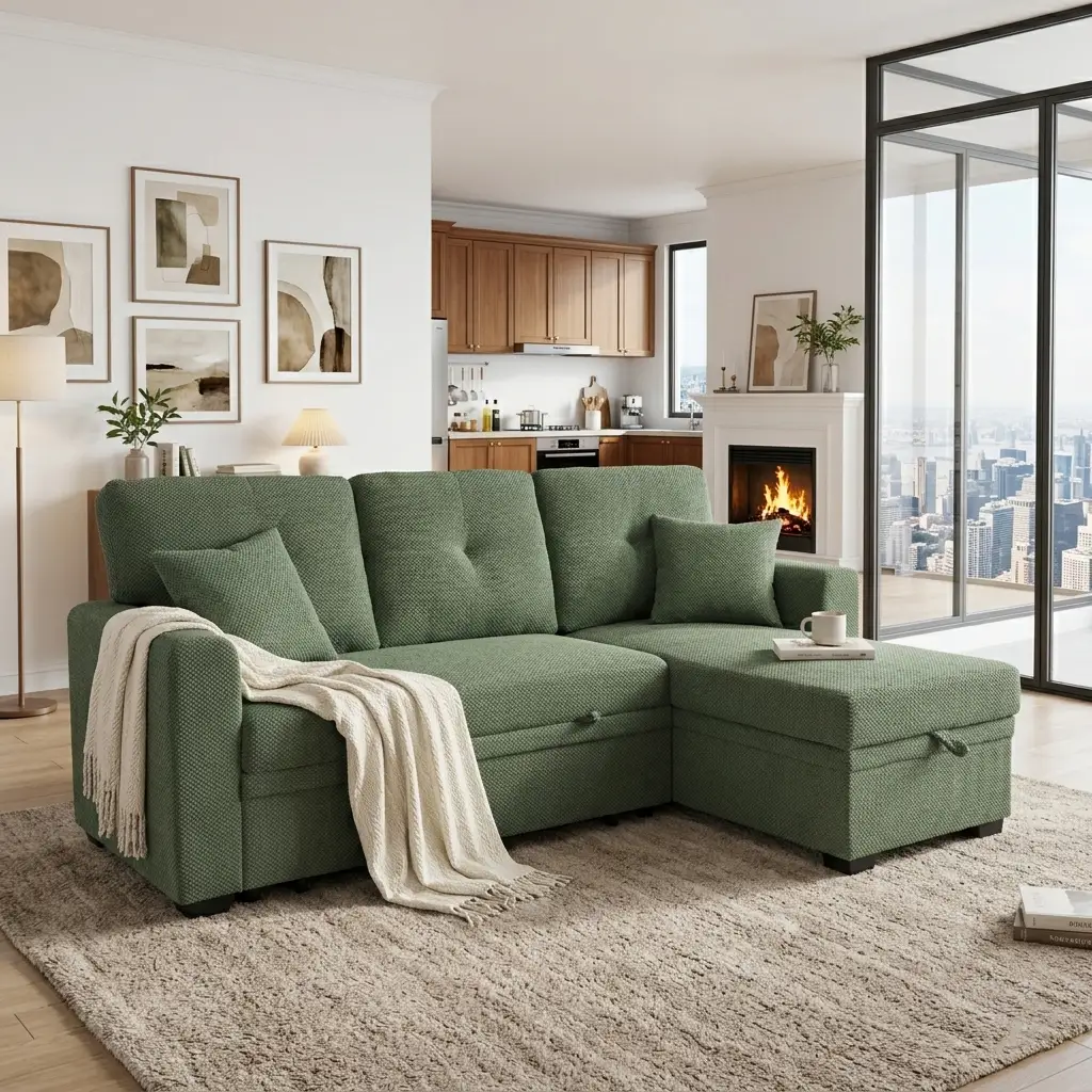 Sleeper Sofa, Sectional with Pull-Out Bed, Reversible Chaise, Storage