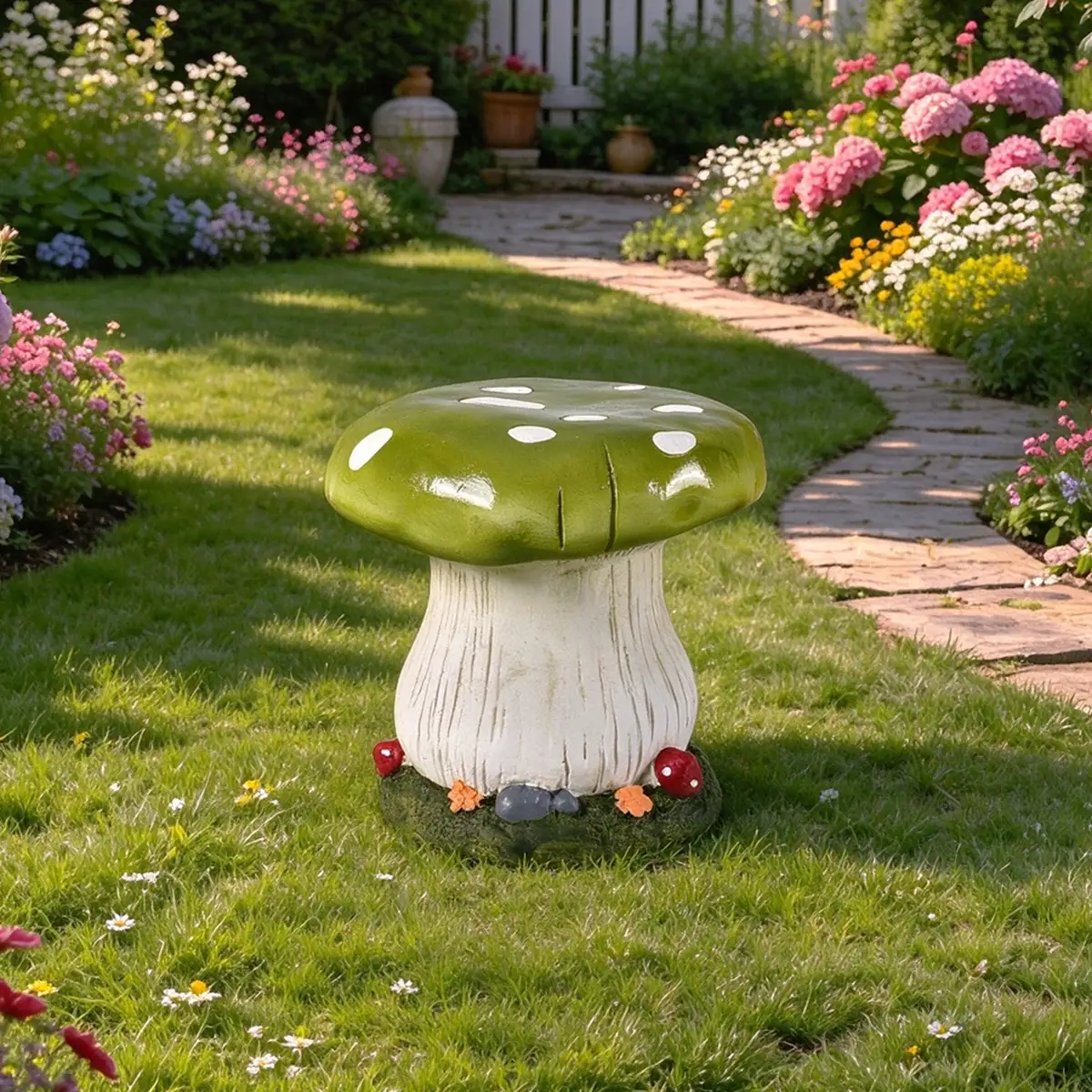 12.60" Mushroom Stool Garden Statue, Magnesium Oxide Stone Composite Outdoor