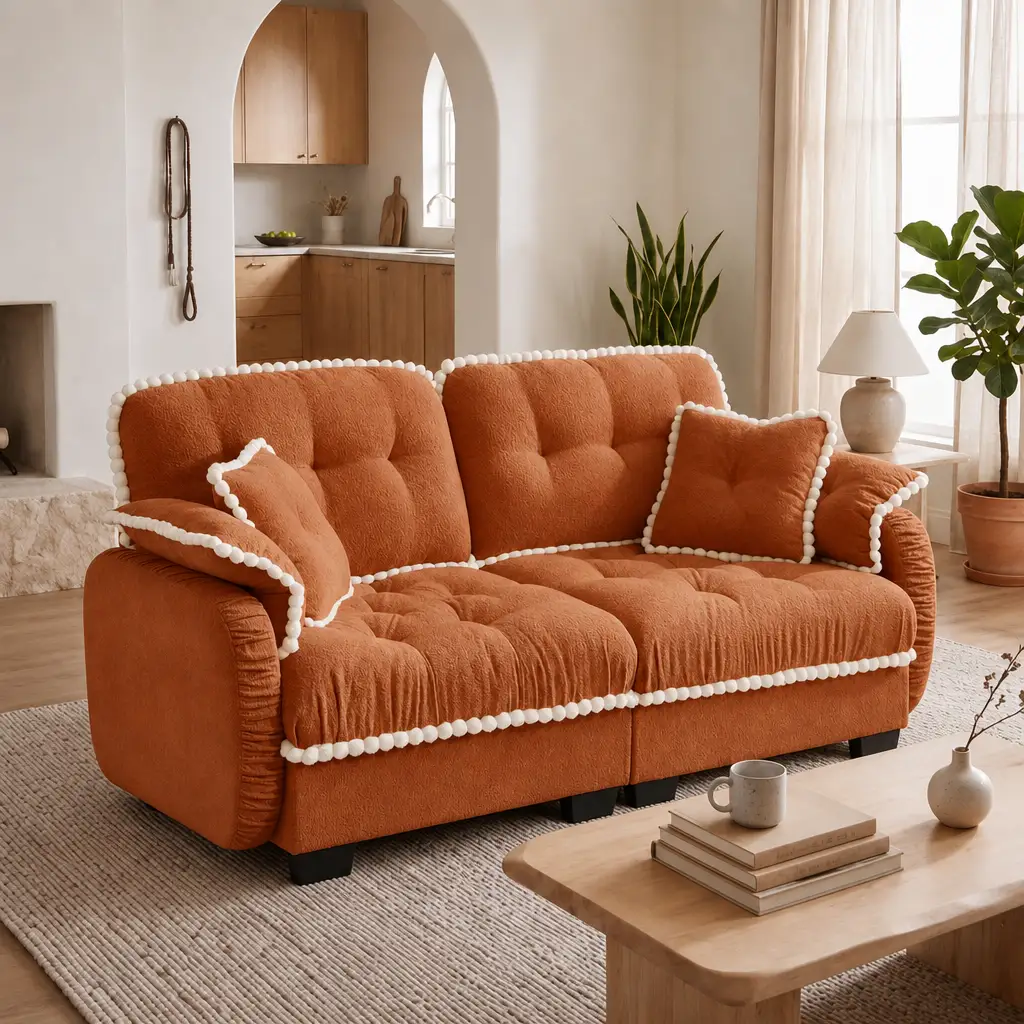 Chenille Cloud Loveseat Sofa with 4 Pillows, Pom-Pom Trim Quilted Tufted