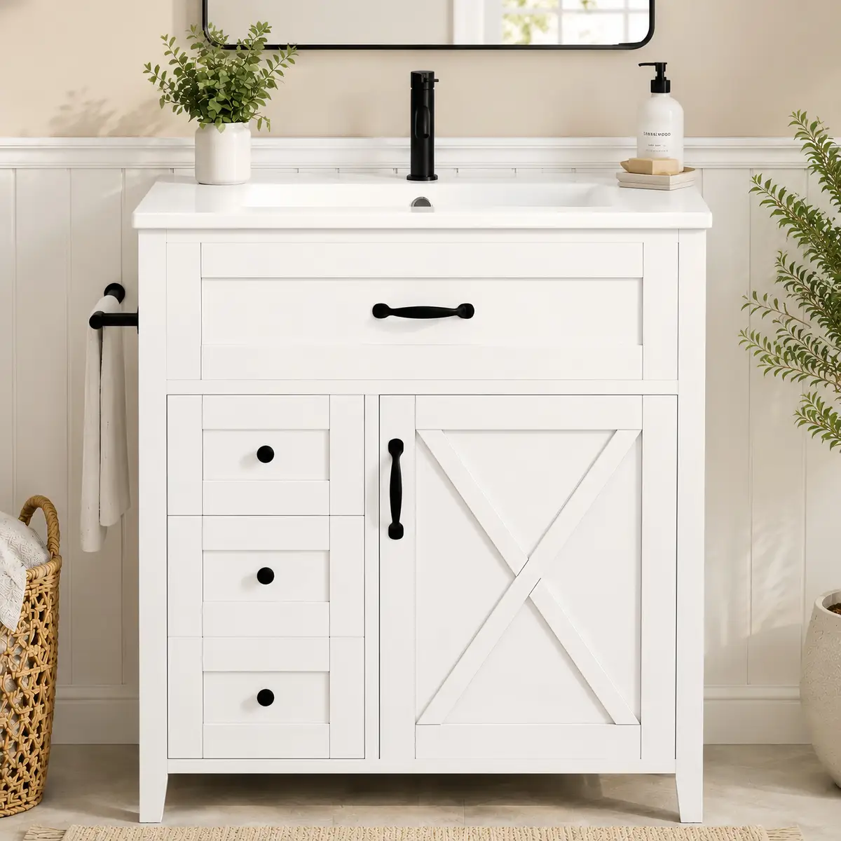 30 Inch Bathroom Vanity with Sink, White Farmhouse Vanity Cabinet, Freestanding
