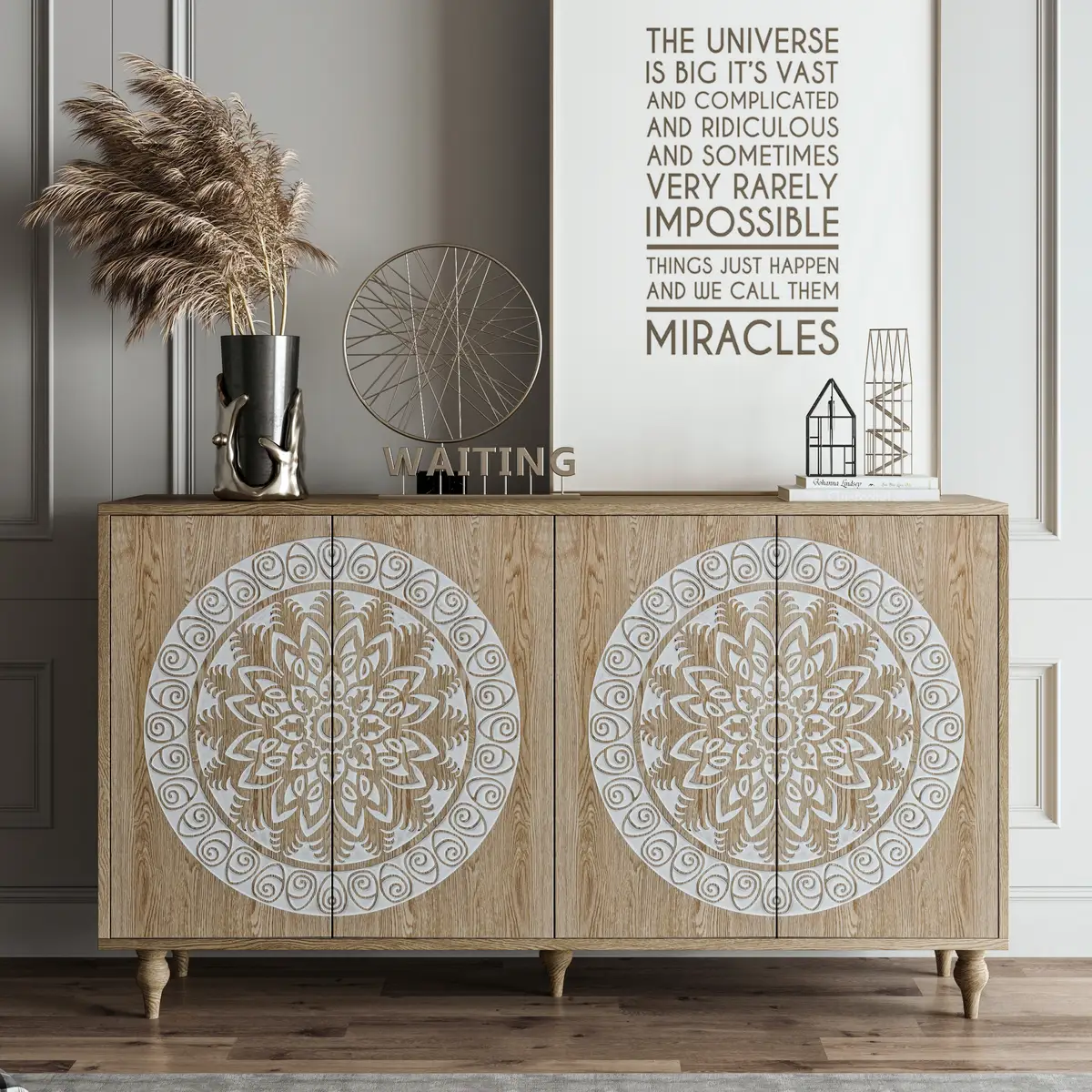 60" Vintage Mandala Carved Oak Grain Sideboard, 4 Door Boho Buffet Cabinet