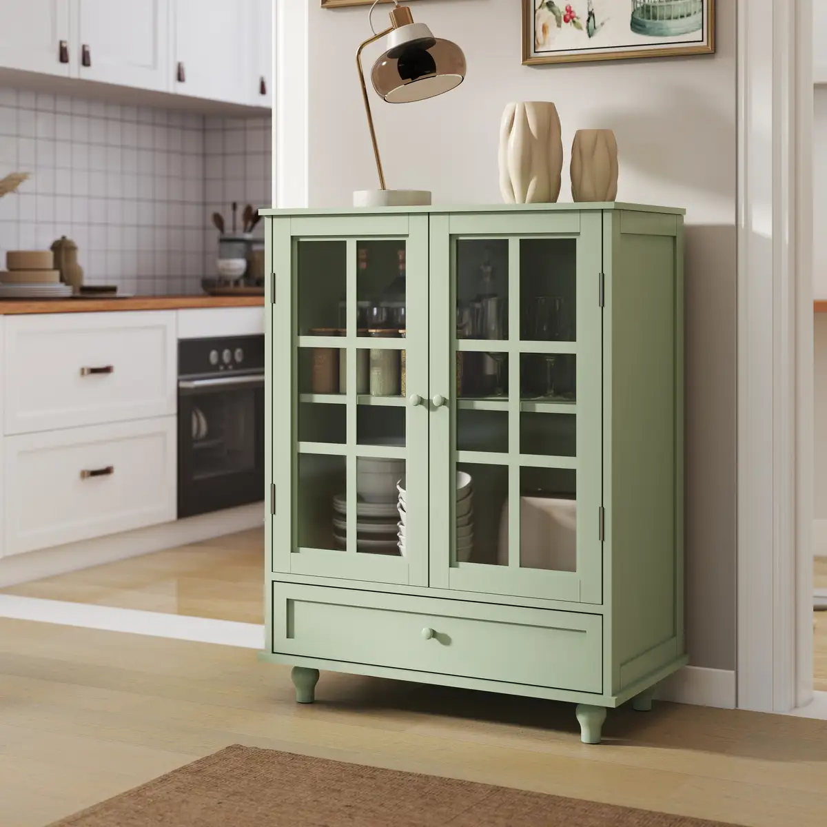 Minimalism Buffet Cabinet with Double Glass Doors and Drawer, Modern Wooden