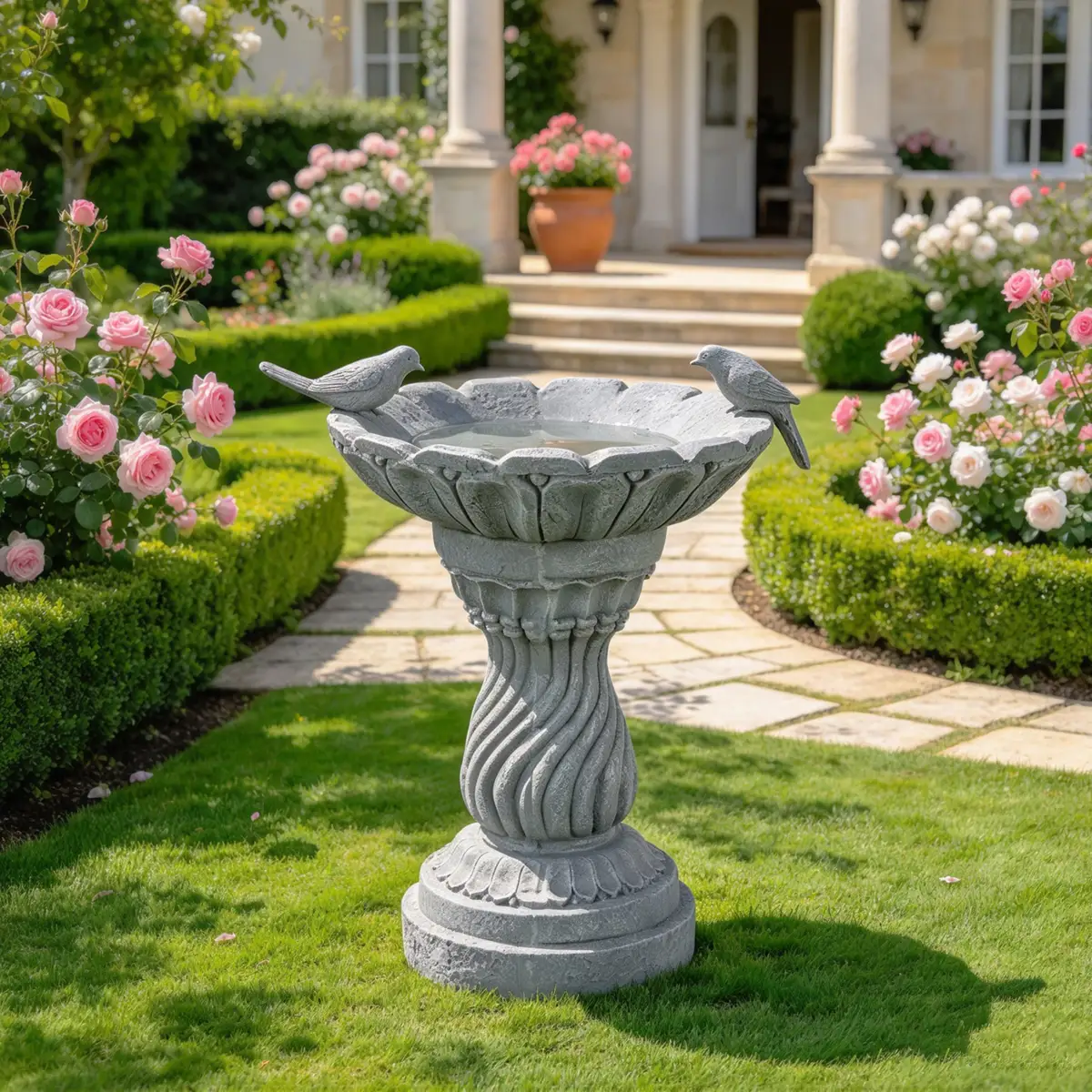 16.54" Garden Bird Bath Statue, Magnesium Oxide Grey Pedestal Birdbath, Outdoor