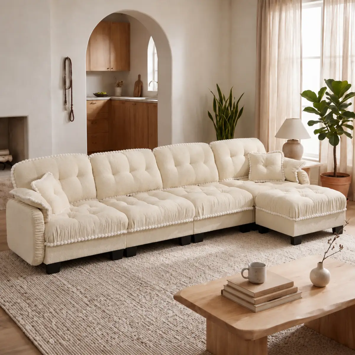 Chenille Cloud L-Shaped Sofa with 4 Pillows, Movable Ottoman Pom-Pom Trim