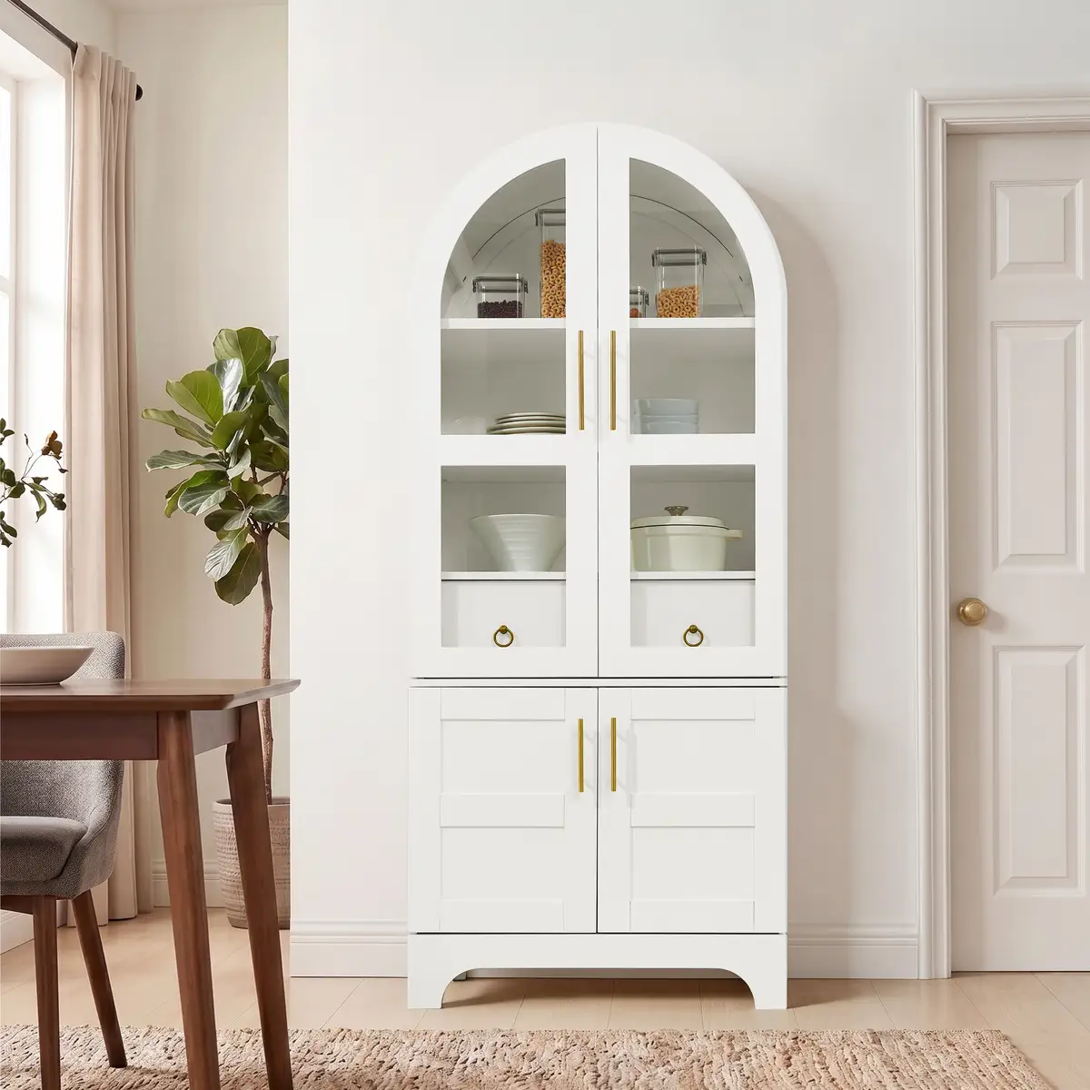 77" High Arched Kitchen Cabinet with Door Panels and Shelves, Hidden Drawers