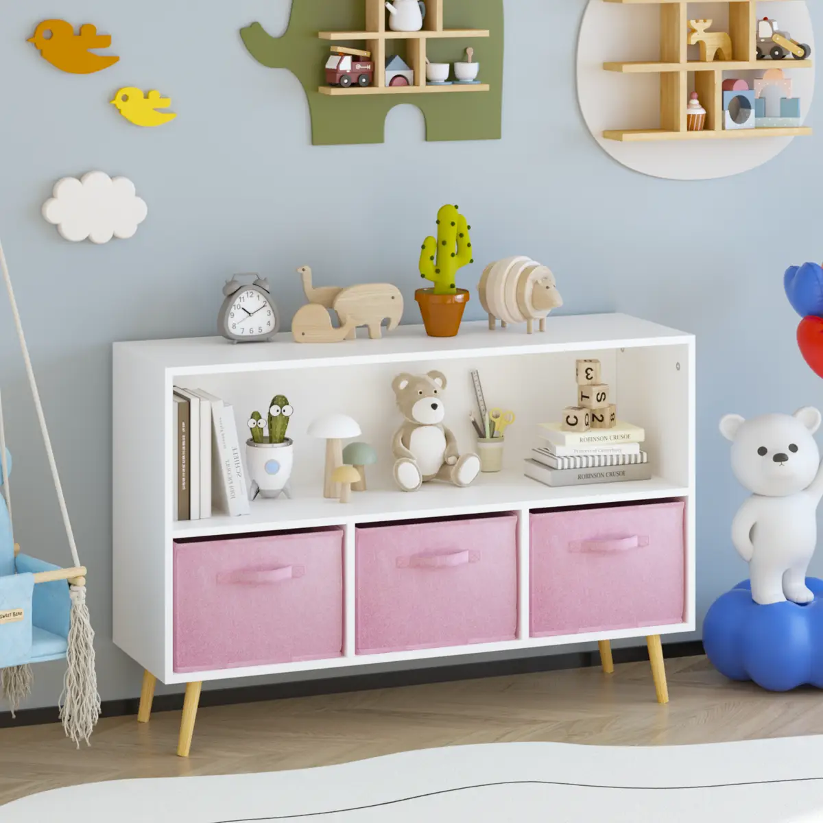 Kids bookcase with Collapsible Fabric Drawers